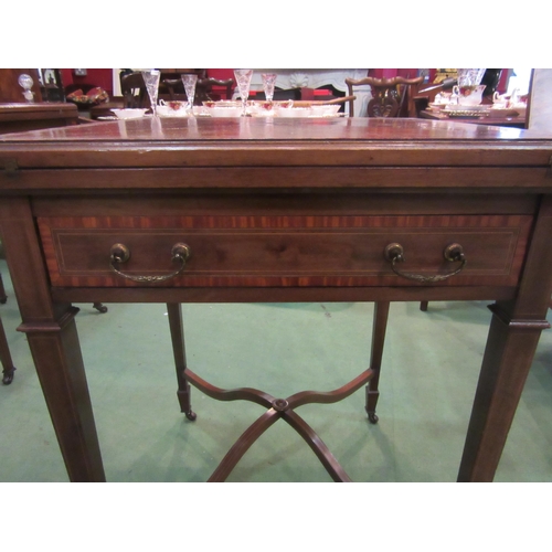 4208 - An Edwardian mahogany and satinwood crossbanded envelope card table, single drawer, raised on square... 