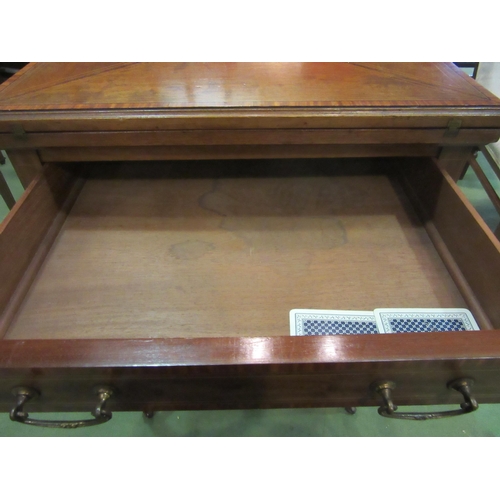 4208 - An Edwardian mahogany and satinwood crossbanded envelope card table, single drawer, raised on square... 