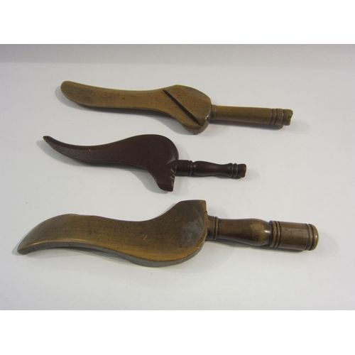 4361 - Three pieces of treen knitting sheaths in mahogany, sycamore and hazel