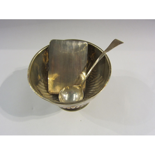 4366 - A silver bowl, spoon and cigarette case and two plated candlesticks, 24cm tall