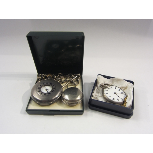 4397 - A silver half hunter pocket watch with chain (a/f) together with a fob watch and a sovereign case