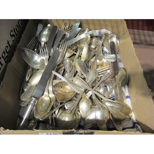 4440 - A box of plated flatware to include dessert spoons, knives, forks, etc