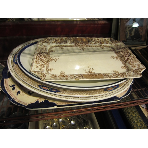 4451 - Five Victorian meat platters to include cobalt blue and puce example with meat well, stoneware 