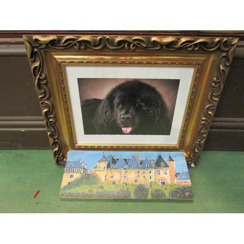 4306 - A portrait of a black Newfoundland, ornate gilt frame, 20 cm x 28cm image size, and a wooden board d... 