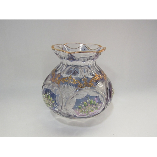 4308 - A Bohemian cut glass and painted lampshade with flowers in relief. 13.5cm high