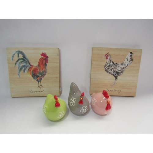 4310 - A pair of Gracie Tapner art boards of a Cockerel and a Hamburg, three glazed ceramic chickens and tw... 