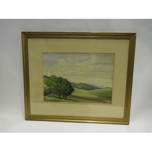 4461 - ETHYL POWYS COBB: watercolour of rolling hills with trees, signed, and a R. HELLWAG print, both fram... 