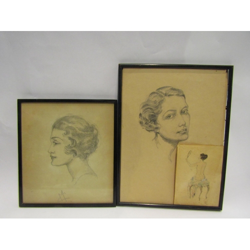 4465 - A collection of 1920's/30's pencil sketch portrait busts of ladies and a pencil signed sketch of sem... 