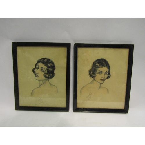 4465 - A collection of 1920's/30's pencil sketch portrait busts of ladies and a pencil signed sketch of sem... 