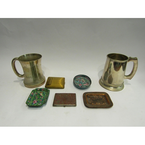 4466 - A selection of metal wares including two plated tankards, an oak bowl with plated handles, brass Ara... 