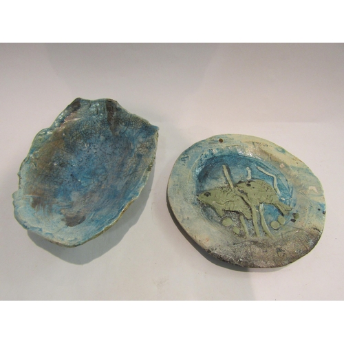 4467 - ELSI LIDZEY (1932-2022): Two pieces of raku pottery, an organic form shallow bowl and plate depictin... 