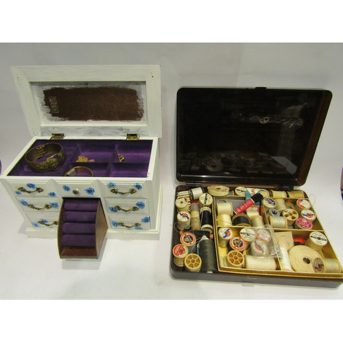 4483 - A box of mainly sewing related items including brass weights, threads, pinking shears, beads. Also j... 