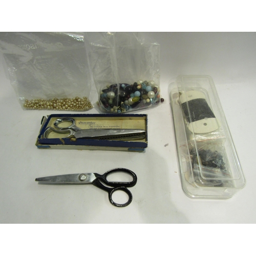 4483 - A box of mainly sewing related items including brass weights, threads, pinking shears, beads. Also j... 