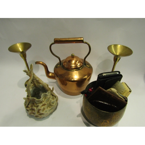 4485 - A box of assorted items including a pair of brass candle holders with cabochon detail,  a copper ket... 