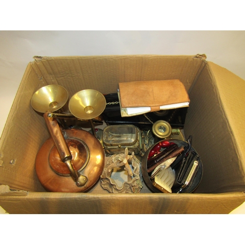 4485 - A box of assorted items including a pair of brass candle holders with cabochon detail,  a copper ket... 