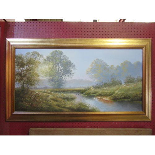 4073 - DAVID WALLER: An oil on canvas depicting rural scene, flower strewn banks beside river, moorhens mid... 