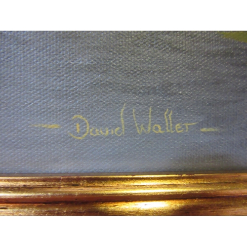 4073 - DAVID WALLER: An oil on canvas depicting rural scene, flower strewn banks beside river, moorhens mid... 