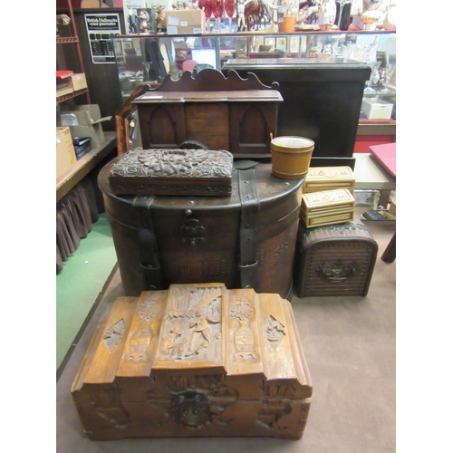 4257 - A reproduction crocodile skin effect hat box together with an oak domed box other trinket boxes (8)