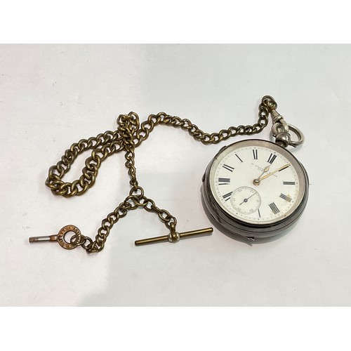 4373A - A late Victorian silver pocket watch, the white enamelled face with black Roman numerals and subsidi... 