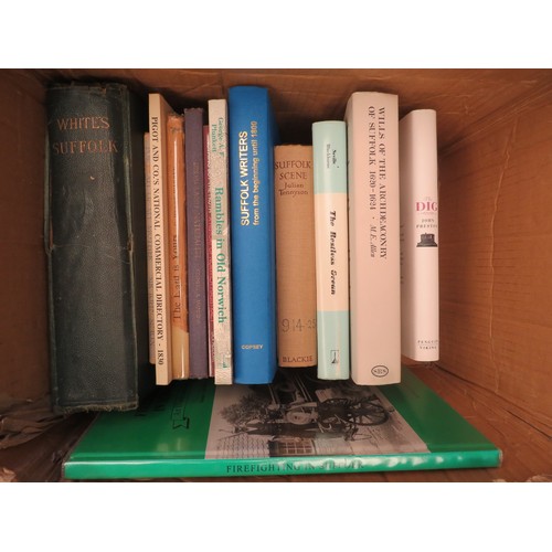 1201 - Two boxes of Norfolk and Suffolk related books including Rambles in Old Norwich and The Sutton Hoo S... 