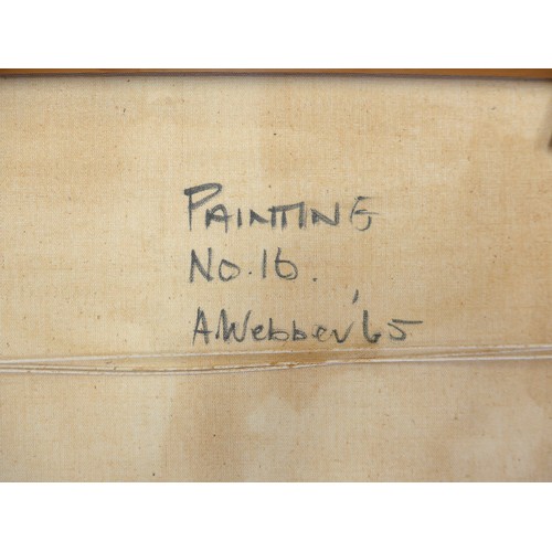 7098 - ANTONY WEBBER (1925–1994): An oil on canvas, abstract form in black, blue and ochre, signed and date... 