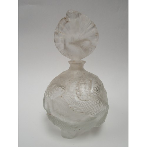 6269 - A moulded Lalique style scent bottle female depicting naked female fish to main body of piece 18.5cm... 