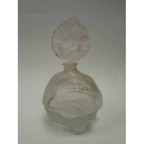 6269 - A moulded Lalique style scent bottle female depicting naked female fish to main body of piece 18.5cm... 