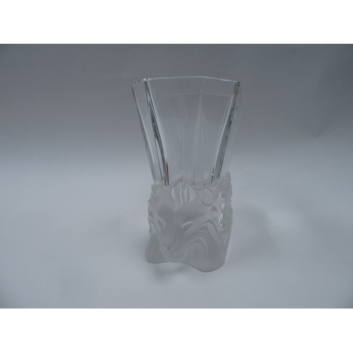 6272 - A Lalique frosted and clear glass 'Venice' vase, with lion heads in profile, etched 'Lalique France'... 