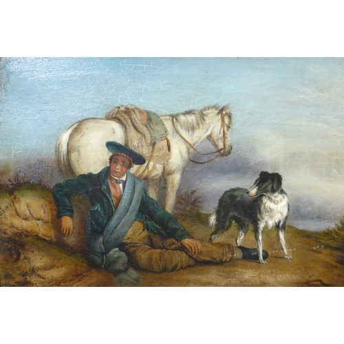 7033 - A 19th Century oil on canvas, man reclining accompanied by a horse and dog, after the work by Richar... 