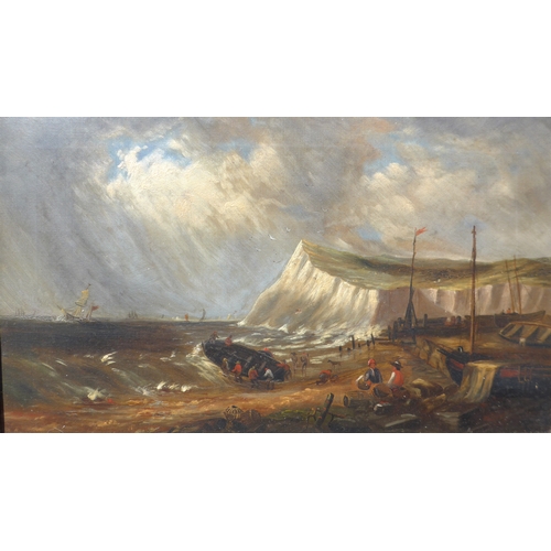 7027 - JOHN MOORE OF IPSWICH (1820-1902): An oil on canvas, heavy rain and storm off south coast, white cli... 