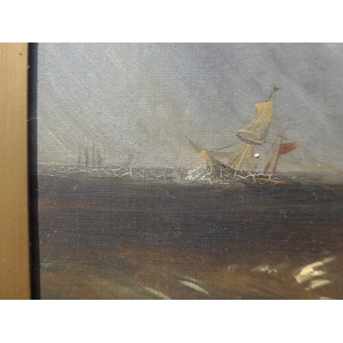 7027 - JOHN MOORE OF IPSWICH (1820-1902): An oil on canvas, heavy rain and storm off south coast, white cli... 