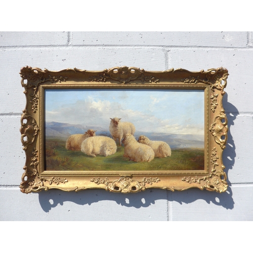 7019 - THOMAS SIDNEY COOPER (1803-1902): An oil on canvas, flock of five sheep in landscape, 24.5cm x 48cm,... 