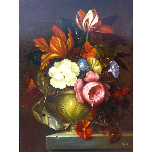 7017 - JOSEPH FÜRST (1947): An oil of still life, flowers in a jardiniere, water droplets to petals and lea... 