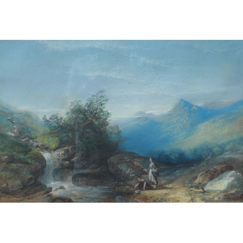 7038 - A 19th Century mixed media landscape scene with figures beside waterfall, unsigned. 37.5cm x 55.5cm.... 