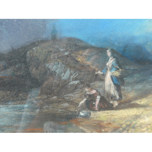 7038 - A 19th Century mixed media landscape scene with figures beside waterfall, unsigned. 37.5cm x 55.5cm.... 