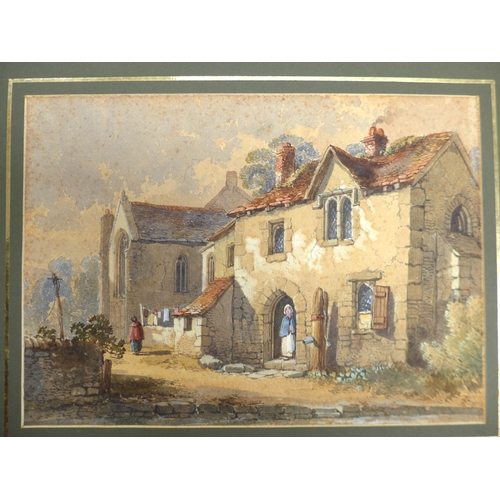 7003 - A 19th Century watercolour, unframed but mounted, figures outside Priory dwellings. Unsigned, writte... 