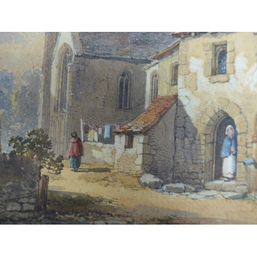 7003 - A 19th Century watercolour, unframed but mounted, figures outside Priory dwellings. Unsigned, writte... 