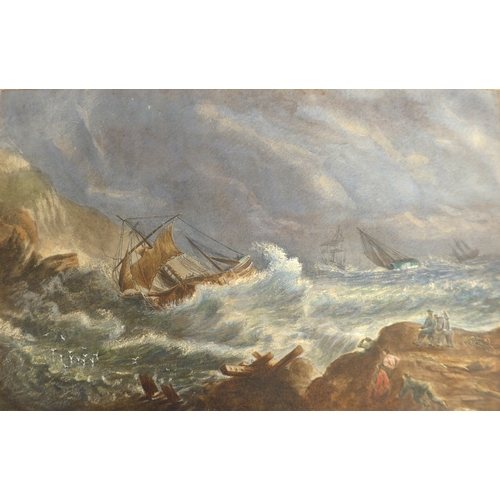 7004 - A 19th Century watercolour, unframed but mounted, ships on stormy seas with figures on rocks. Unsign... 