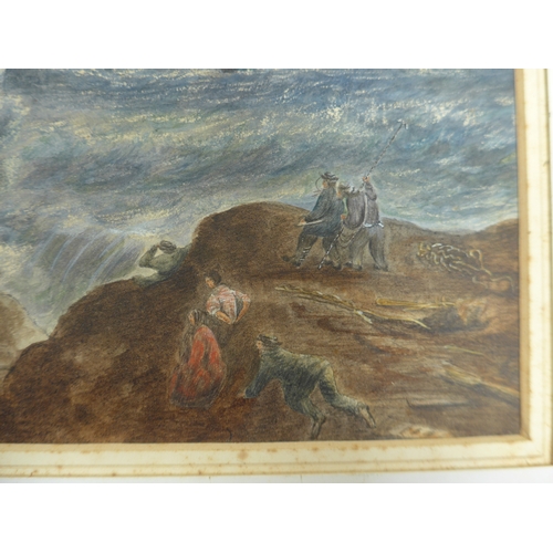 7004 - A 19th Century watercolour, unframed but mounted, ships on stormy seas with figures on rocks. Unsign... 