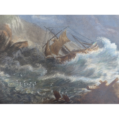 7004 - A 19th Century watercolour, unframed but mounted, ships on stormy seas with figures on rocks. Unsign... 