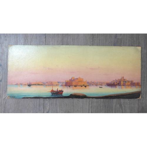 7001 - L.M GALIA (XIX/XX) An unframed oil on card board, scene of Valletta, Malta. Signed bottom left and d... 