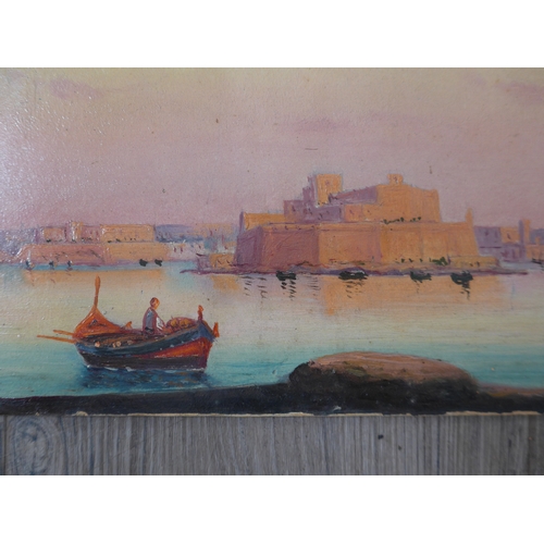 7001 - L.M GALIA (XIX/XX) An unframed oil on card board, scene of Valletta, Malta. Signed bottom left and d... 