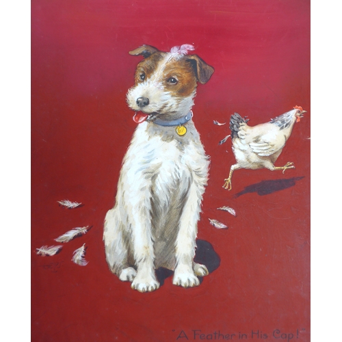 7008 - Two early 20th Century mixed media on card studies of Terriers, one titled 'A Feather in his Cap'. B... 