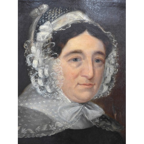 7048 - A Victorian oil on canvas portrait of a lady wearing lace bonnet, no artist name visible, gilt gesso... 