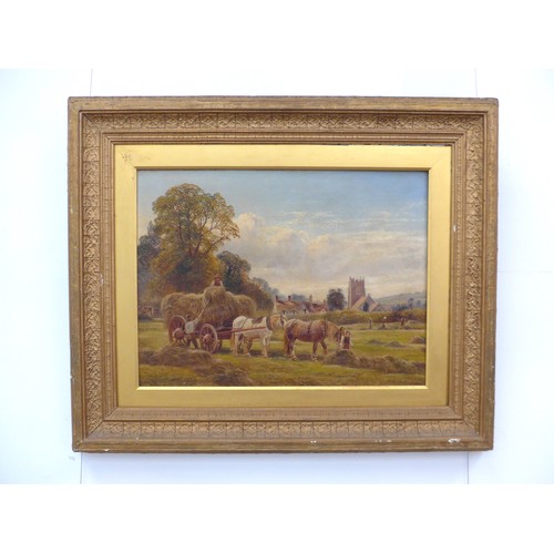 7026 - WILLIAM VIVIAN TIPPET (1833-1910) An oil on canvas depicting figures collecting hay with horses and ... 