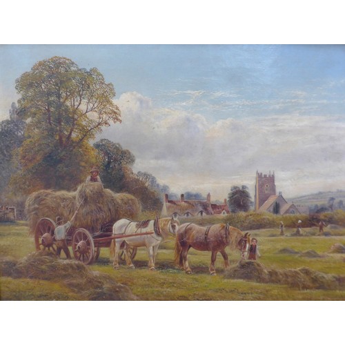 7026 - WILLIAM VIVIAN TIPPET (1833-1910) An oil on canvas depicting figures collecting hay with horses and ... 