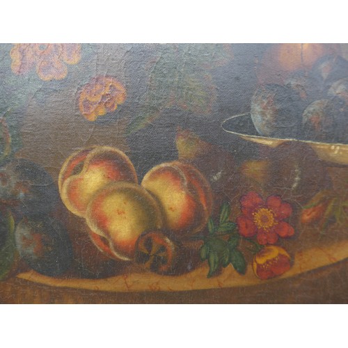 7012 - A 19th Century Continental school oil on canvas still life of fruits and flowers. Indistinctly signe... 