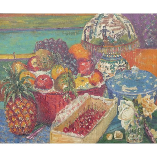 7014 - A c1930's oil on canvas still life, baskets of fruits with Oriental lamp and vase of roses. Unsigned... 