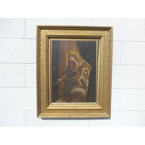 7051 - An Italian oil on canvas of Madonna and child, 56cm x 40cm, relined, gilt framed (frame a/f)