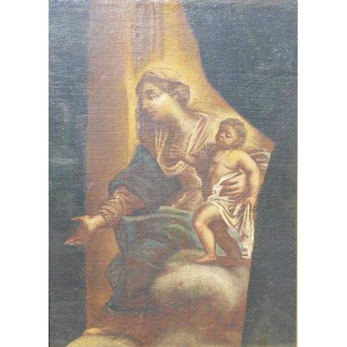 7051 - An Italian oil on canvas of Madonna and child, 56cm x 40cm, relined, gilt framed (frame a/f)